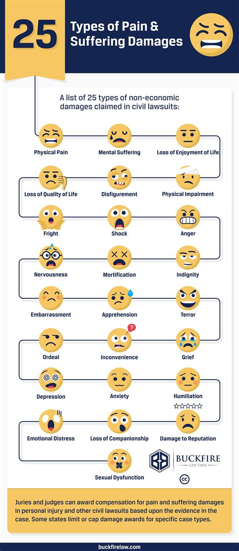 25 Types Of Pain And Suffering Damages In A Lawsuit Emoji Infographic