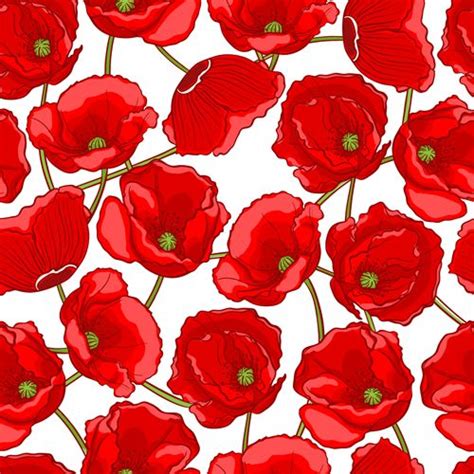 Beautiful Poppy Seamless Pattern Set Vector 01 Red Poppies Red Flowers
