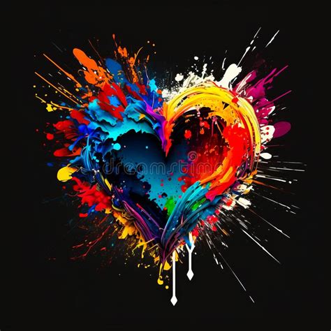 Colorful Paint Splattered Heart On Black Background Generative Ai