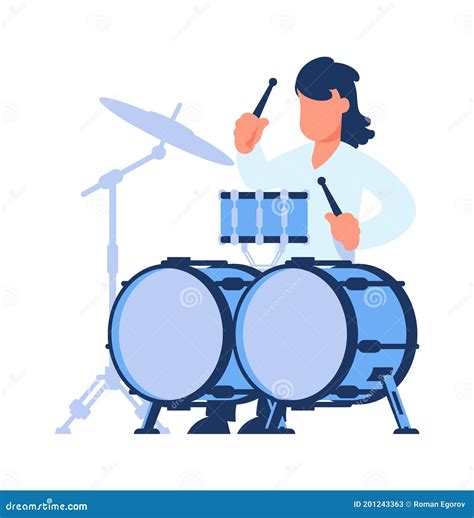 Drummer Cartoon Boy With Percussion Musical Instruments Young Man