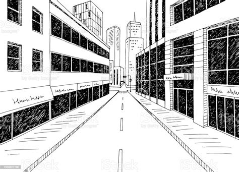 City Street Graphic Black White Cityscape Sketch Illustration Vector