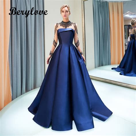 Berylove Vintage Ball Gown High Neck Long Sleeves Evening Dresses Dark