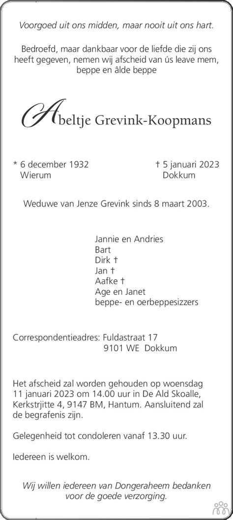 Abeltje Grevink Koopmans 05 01 2023 Overlijdensbericht En Condoleances