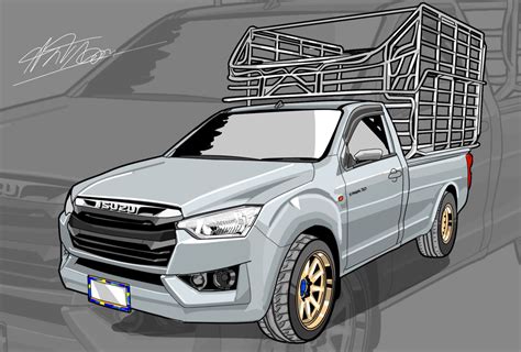 A Drawing Of A Silver Truck With A Basket On The Back Of It S Bed