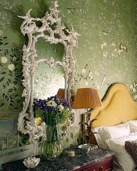 Spring Green Chinoiserie Walls With Yellow Headboard Chinoiserie