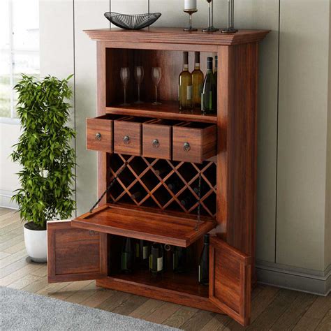 Alabama Solid Wood Bar Cabinet With Drop Down Wine Display Rack