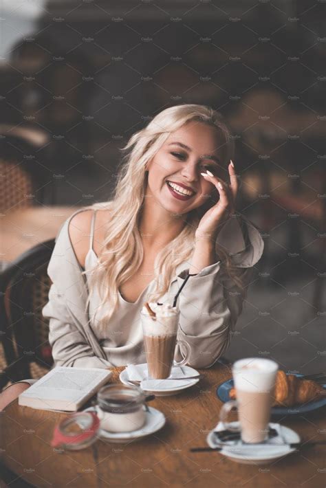 Beautiful Girl In Cafe Stock Photo Containing Glass And Cup Coffee