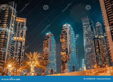 Fantastic Nighttime Skyline With Illuminated Skyscrapers Dubai Uae