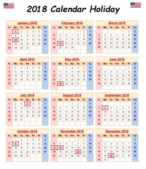 2018 Calendar With Holidays United States Us Holiday Calendar