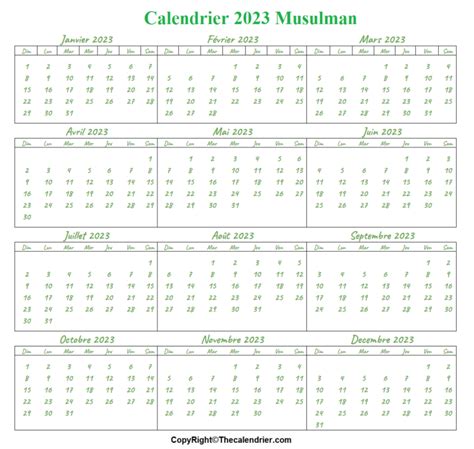 Modèle Imprimables Calendrier 2023 Musulman Gratuit Et Pdf