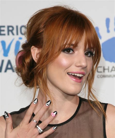 Bella Thorne Long Straight Casual Updo Hairstyle With Blunt Cut Bangs Ginger Red Hair Color