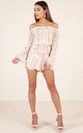 Somewhere Only We Know Playsuit In Nude Sequin Off The Shoulder