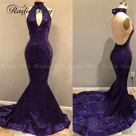Sexy Halter Neck Backless Mermaid Purple Sequin Prom Dress For Black Girls Court Train Long