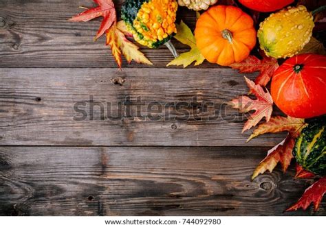 Colorful Pumpkins Fall Leaves On Wooden Stock Photo Edit Now 744092980