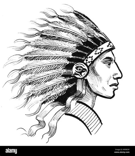 Native American In Traditional Atire Ink Black And White Drawing Stock