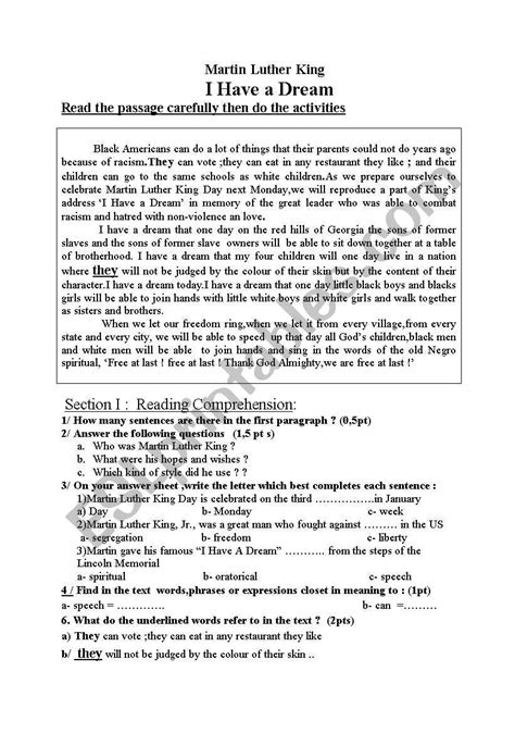 He embodied peace and taught the benefit of organizing today we celebrate martin luther king day as a national holiday. Martin Luther I have a Dream - ESL worksheet by samir2008