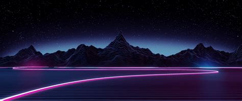 2k Lake Synthwave Mountains Retro Style Digital Art Stars Neon