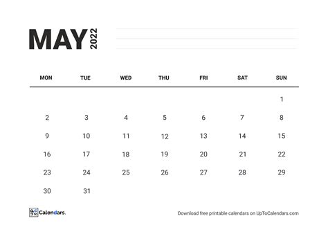 Printable May 2022 Calendar Blank Templates Free Download In Pdf
