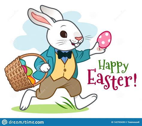 Easter Bunny Rabbit In Jacket Vest And Pants Happily Running Along
