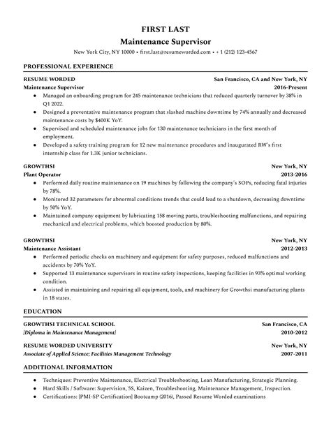 maintenance supervisor resume example for 2023 resume worded