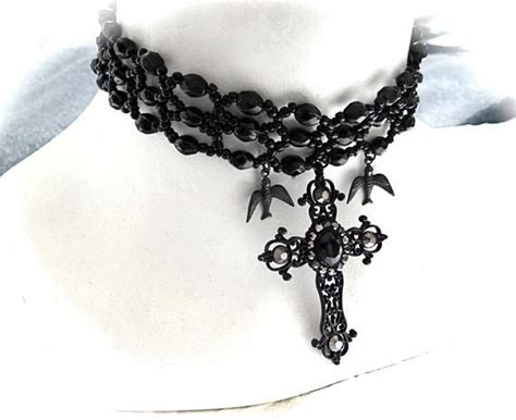 Beaded Black Gothic Choker Black Cross Necklace Costume Etsy Black