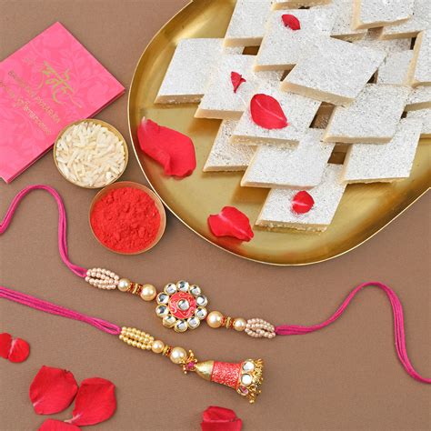 Online Sneh Dazzling Bhaiya Bhabhi Rakhi Set Kaju Katli Gift Delivery