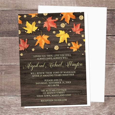 Fall Vow Renewal Invitations Rustic Falling Leaves With Gold Autumn
