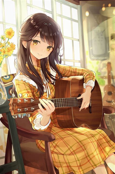 Anime Girl Instrument Music Brown Hair Playing Guitar Cute Anime
