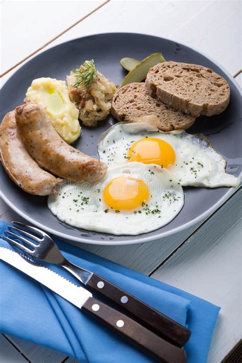 German Breakfast On A Grey Plate Stock Photo Image Of Mustard