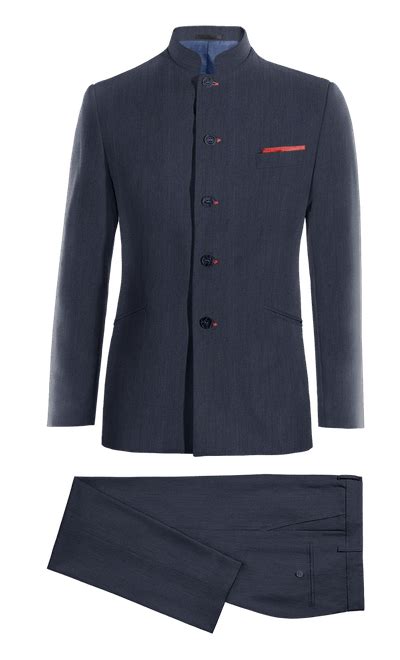 Navy Blue Linen Collarless Suit With Handkerchief 352 Hockerty