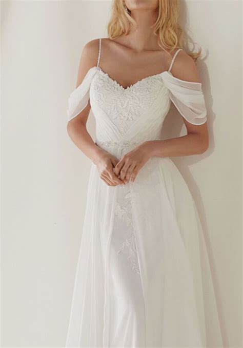 Off The Shoulder Chiffon Long Wedding Dresses With Lace Appliques For