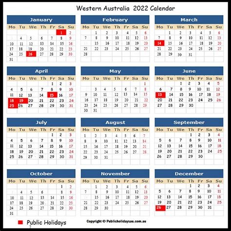 2022 Public Holidays Wa
