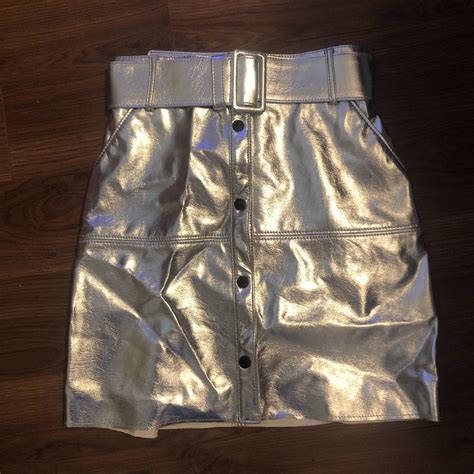 Msgm Metallic Silver Faux Leather Skirt Size 38 Depop
