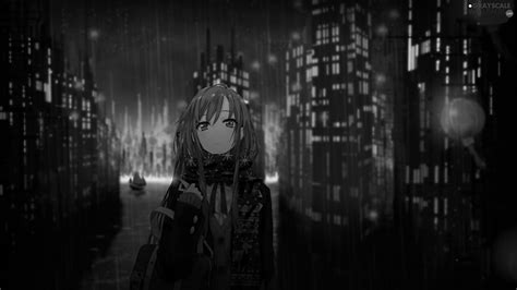 Grayscale Rain Night Sad Girl Manga Anime 1920x1080