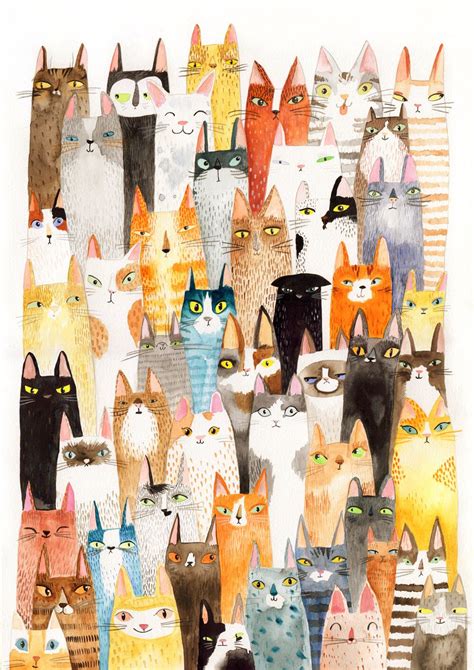 Cats Cats Print Lots Of Colorful Cats A3 Print Etsy Cat Art Animal