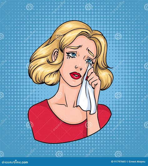 Crying Woman Face Sad Blonde Wiping Tears With Handkerchief Colorful