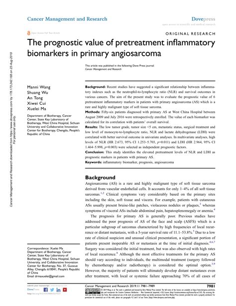 pdf the prognostic value of pretreatment inflammatory biomarkers in primary angiosarcoma