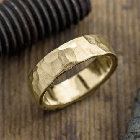6mm 14k Yellow Gold Mens Wedding Band Hammered Matte Point No Point