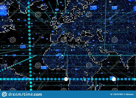 Abstract Computer Graphic World Map Of Blue Round Dots Stock