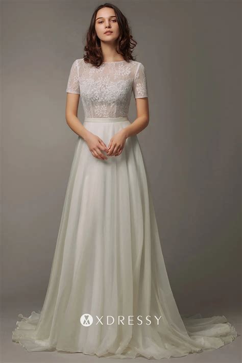 Short Sleeve Ivory Lace And Organza Wedding Dress Xdressy