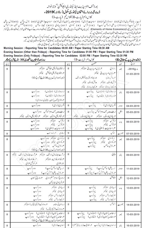 Bise Gujranwala Board Matric Date Sheet 2019 10th Class