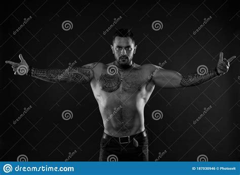 Here I Am Bearded Man With Tattooed Torso Macho Bare Torso Fit Model With Tattoo Art On Skin