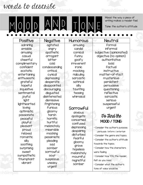 List Of Mood Tone Words Handout For Students By Teach Simple