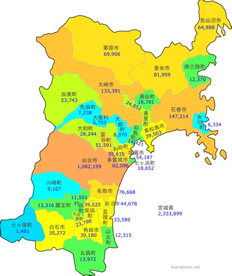 東北： 宮城 青森 岩手 秋田 山形 福島. 宮城県の市町村人口マップと人口順・密度順・面積順の表