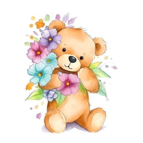 Premium Vector Cute Teddy Bear And Flowers Watercolor Paint
