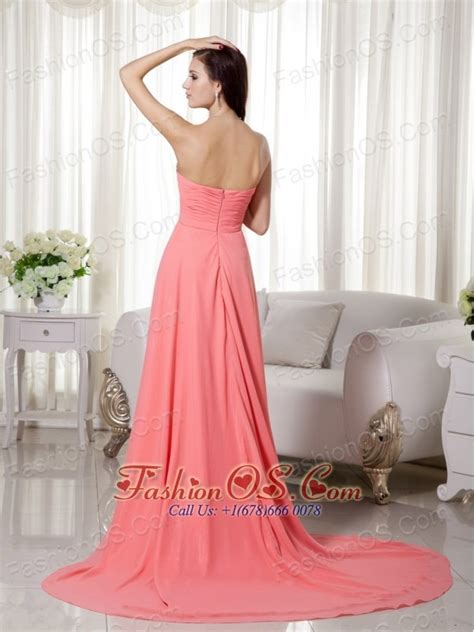 watermelon empire sweetheart high low chiffon beading and ruch prom celebrity dress 110 76