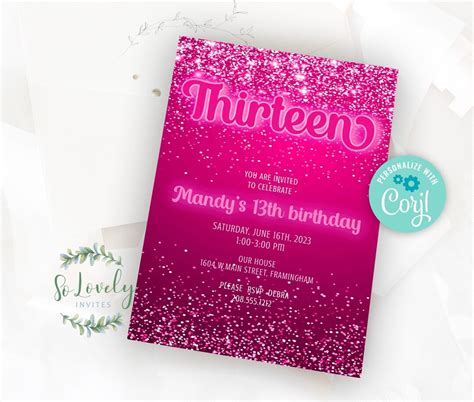 neon hot pink glitter 13th birthday invitation editable birthday invite for 13 year old