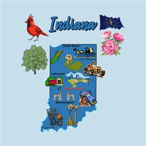 Indiana State Tourist Map With Landmarks And Famous Symbols Usa