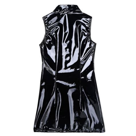 Women Pu Leather Wet Look Zip Bodycon Clubwear Short Mini Dress