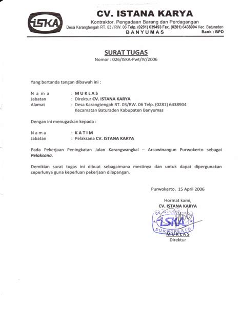 Dengan ini aku memberikan tugas kepadamu pribadi. Surat Tugas - Pelaksana Lapangan